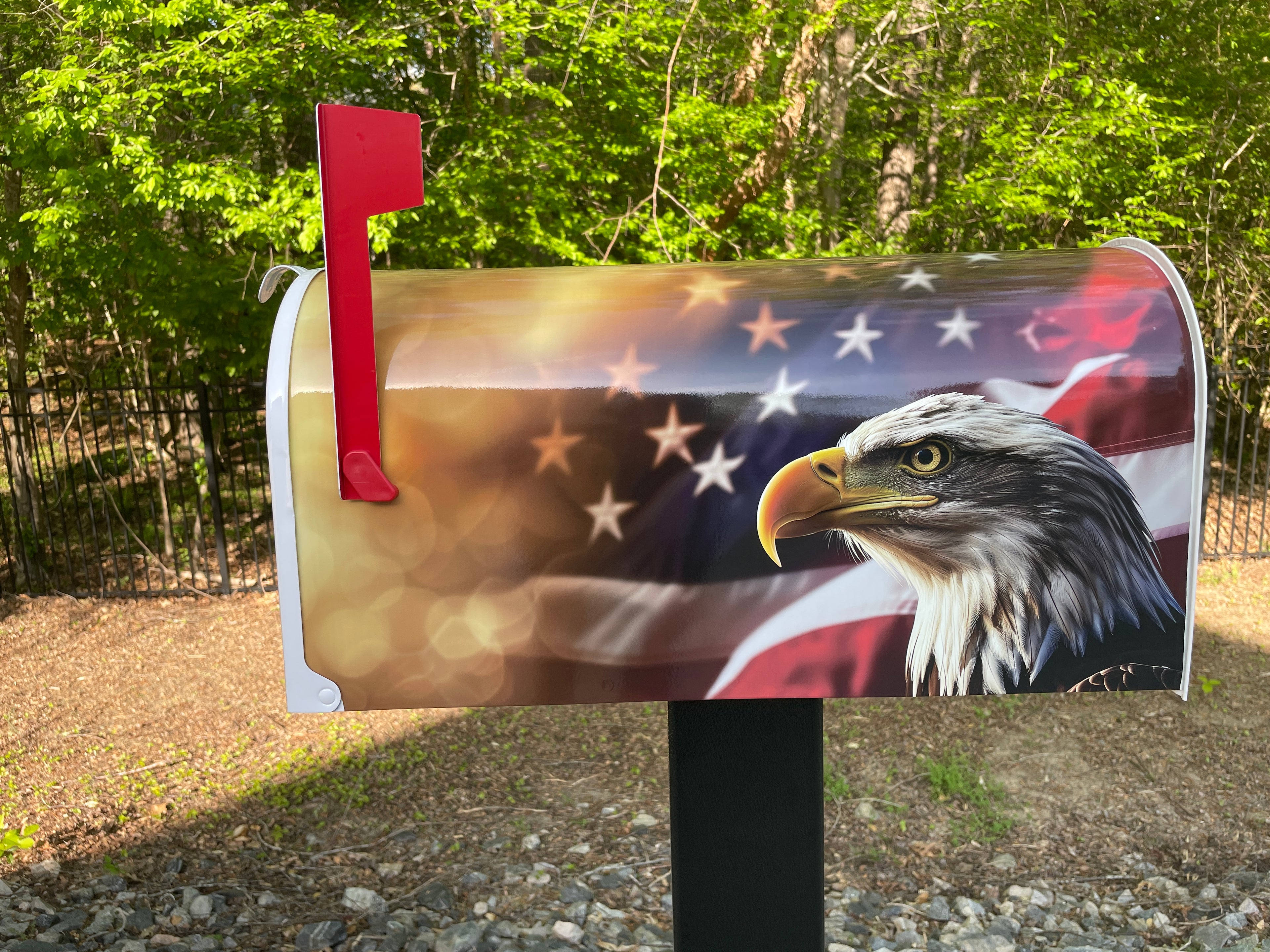 Large Custom Mailbox - Patriotic Eagle with Flag - With MyMailCrate Sliding Mailbox Tray, Mailbox Insert, Extender