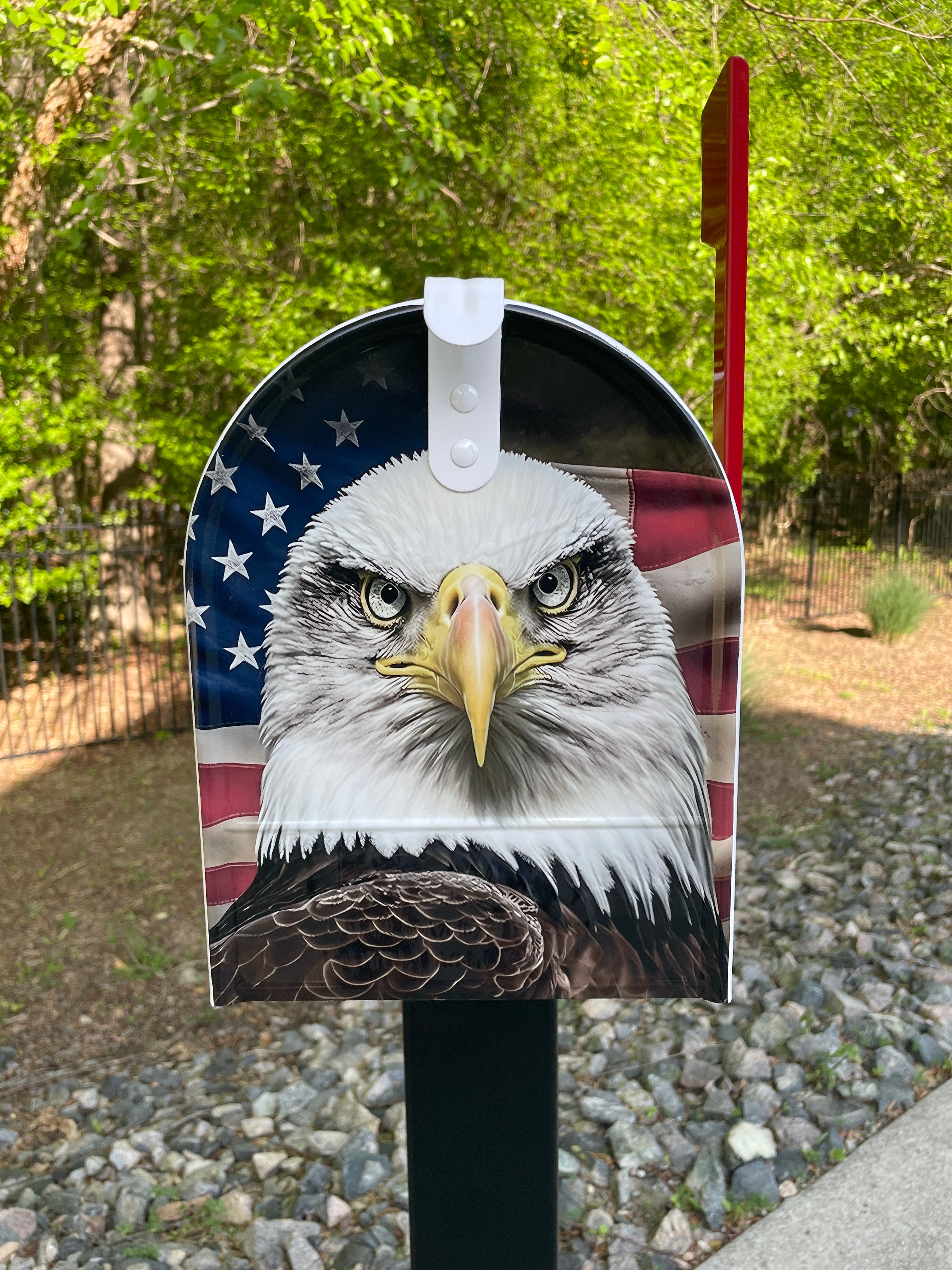 Large Custom Mailbox - Patriotic Eagle with Flag - With MyMailCrate Sliding Mailbox Tray, Mailbox Insert, Extender