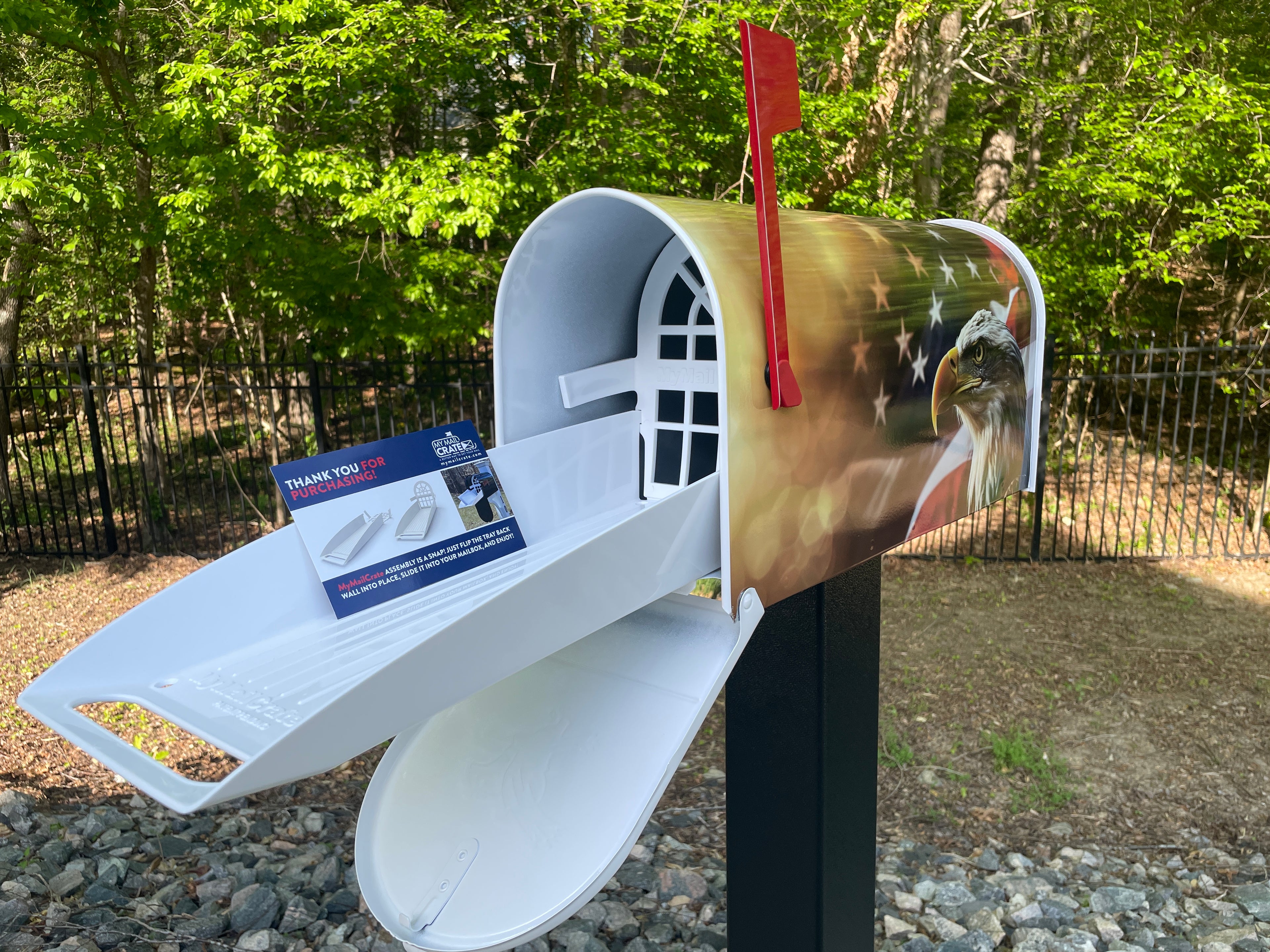 Large Custom Mailbox - Patriotic Eagle with Flag - With MyMailCrate Sliding Mailbox Tray, Mailbox Insert, Extender