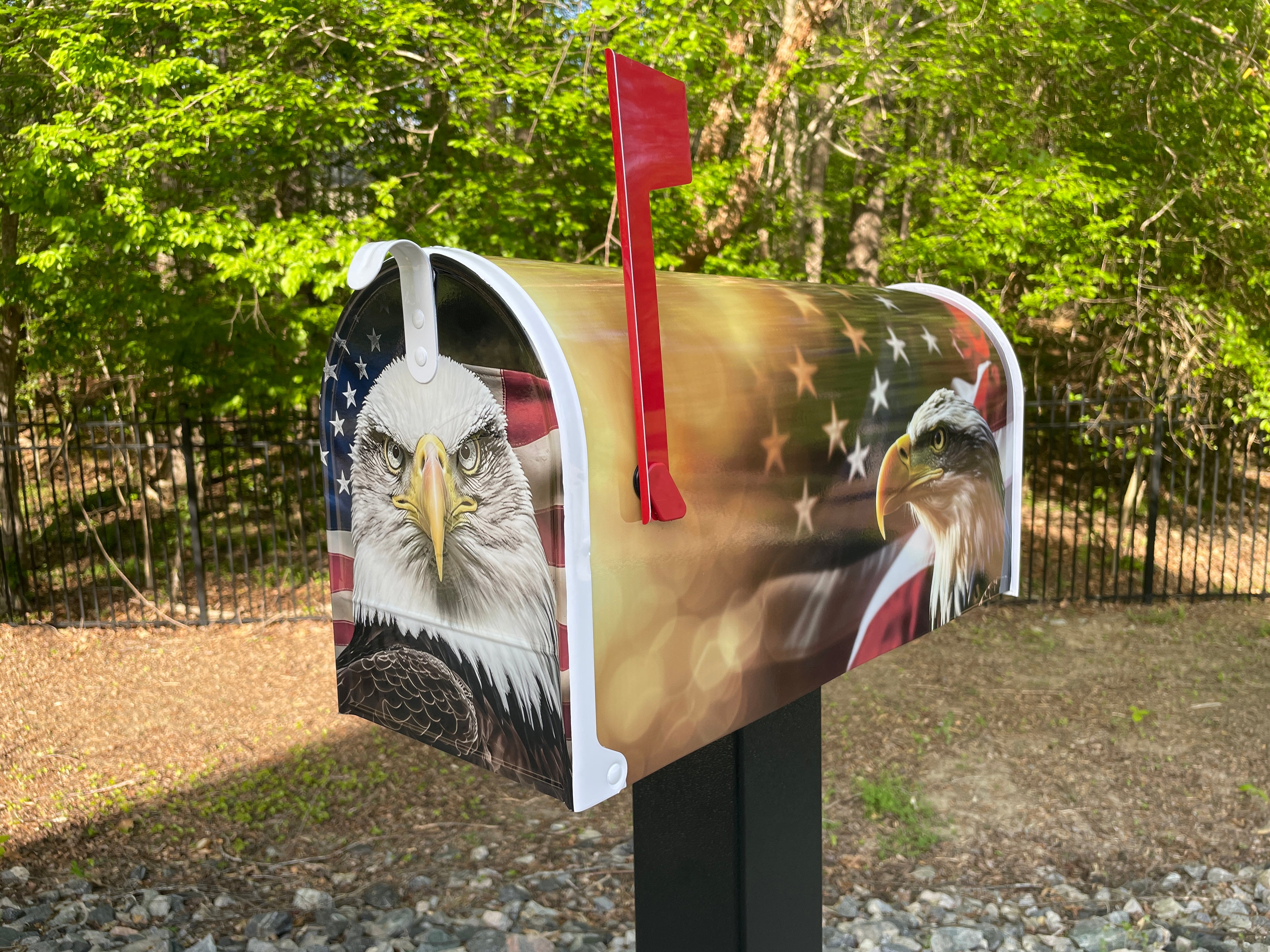 Large Custom Mailbox - Patriotic Eagle with Flag - With MyMailCrate Sliding Mailbox Tray, Mailbox Insert, Extender