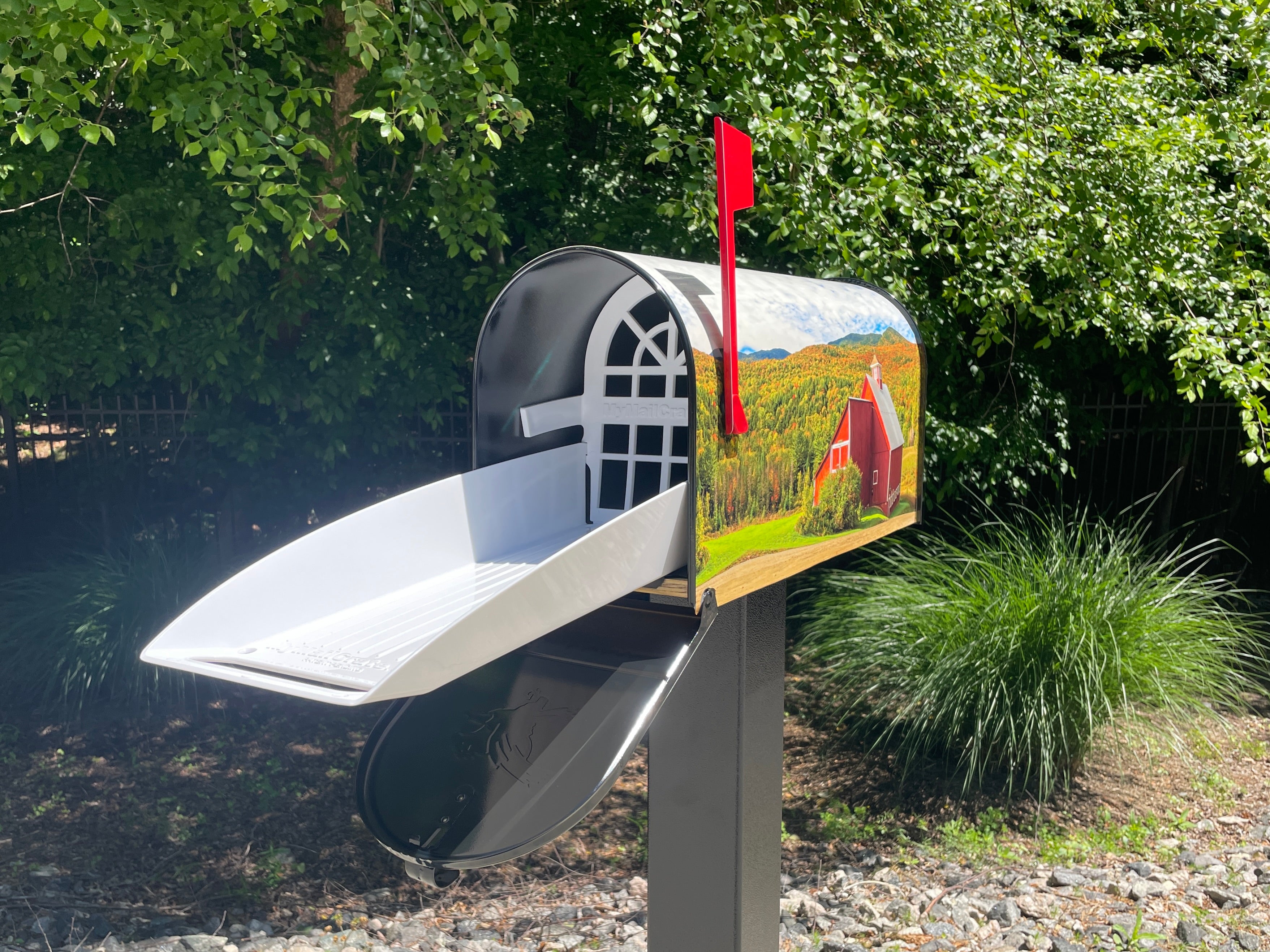 Large Custom Mailbox - Red Barn - With MyMailCrate Sliding Mailbox Tray, Mailbox Insert, Extender